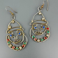 Vintage Clown Earrings Gold Tone Multicolor Rhinestone Artisan Open Wire Work