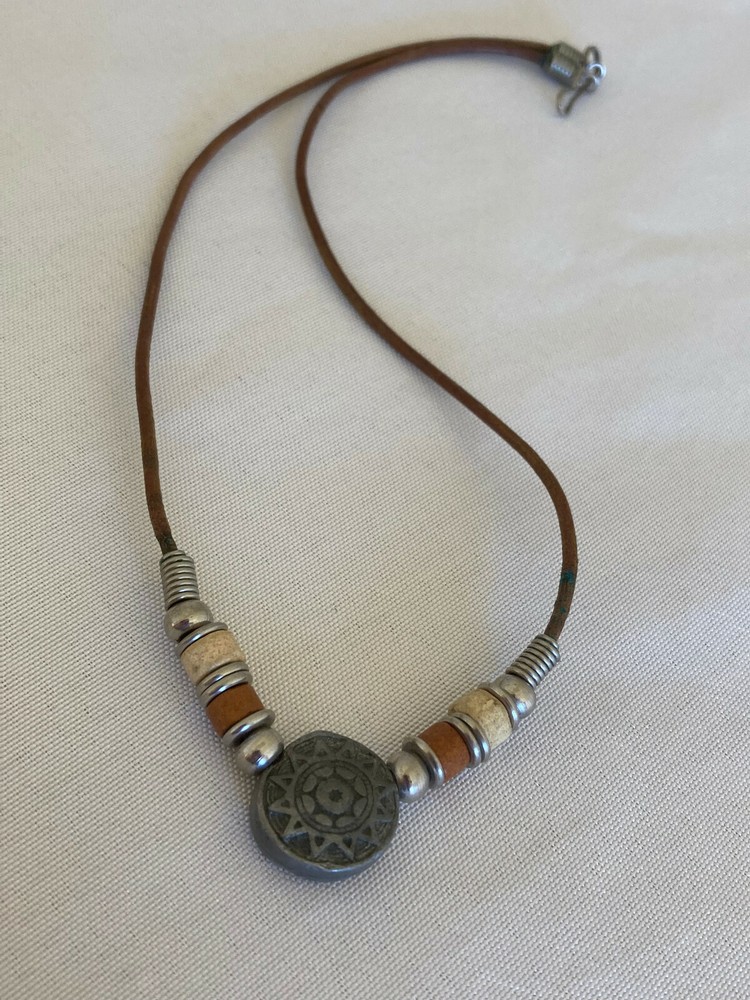Vintage Brown Bead Accented Pewter Sun Pendant Brown Leather Cord Necklace – 17″