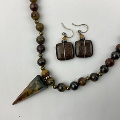 Vtg Genuine Jasper Hexagonal Pyramid Pendant Necklace Earring Set Earth Tones
