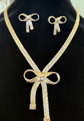 Vintage 1980s Silver Bow Necklace Earring Set Sculptural Statement Jewelry 80s