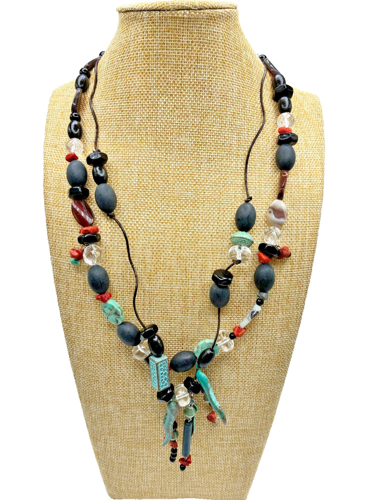 roxsann Red Coral Red Jasper Chalcedony Stone Black Beaded Necklace Vtg