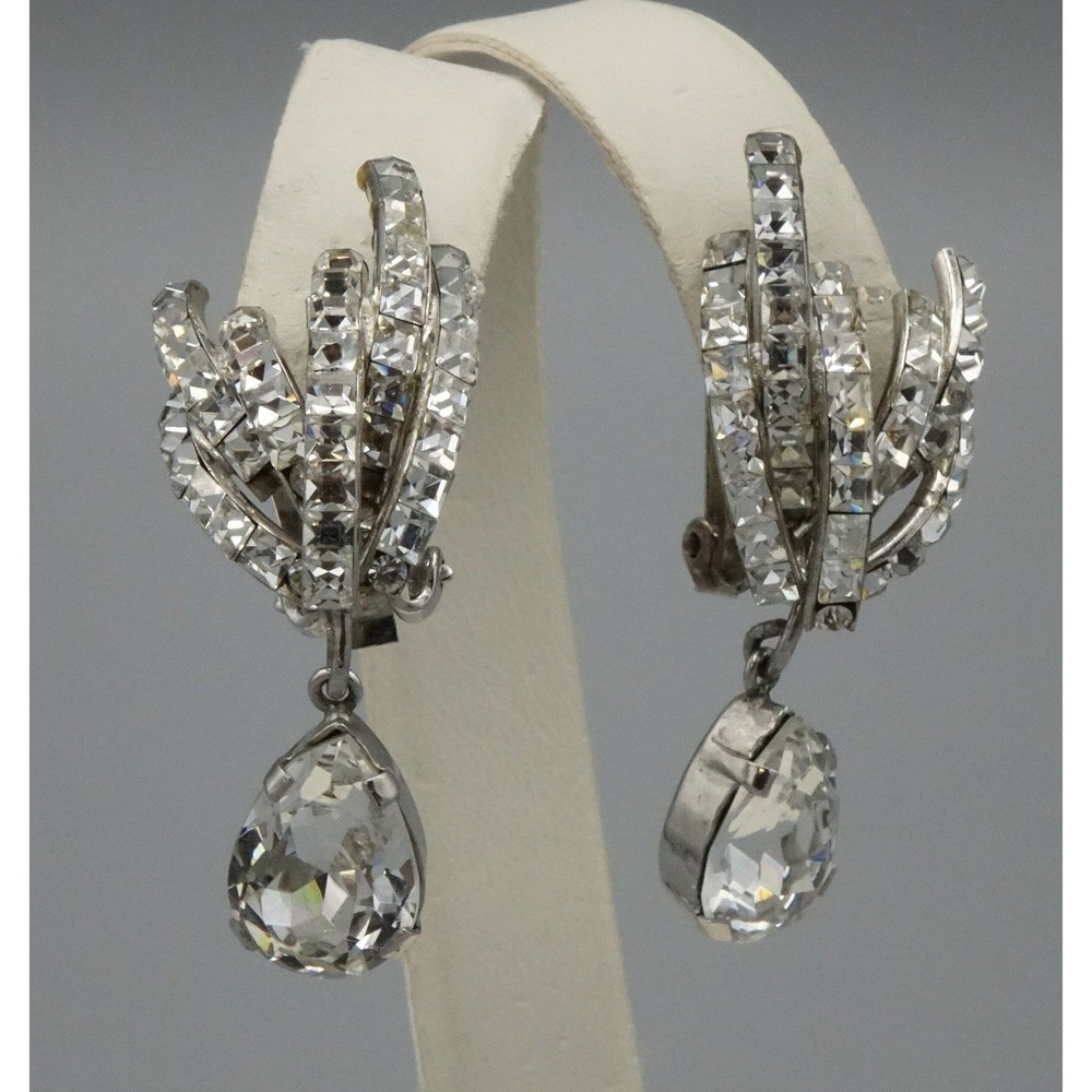 Vintage Fischland Schmuck Earrings Clear Rhinestones Channel Set Dangle