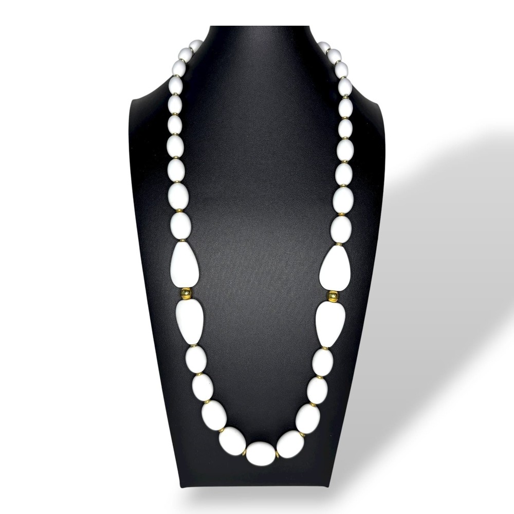 Napier c.1960s White Acrylic Bead Long Necklace 28in Gold Tone Spacers Vintage