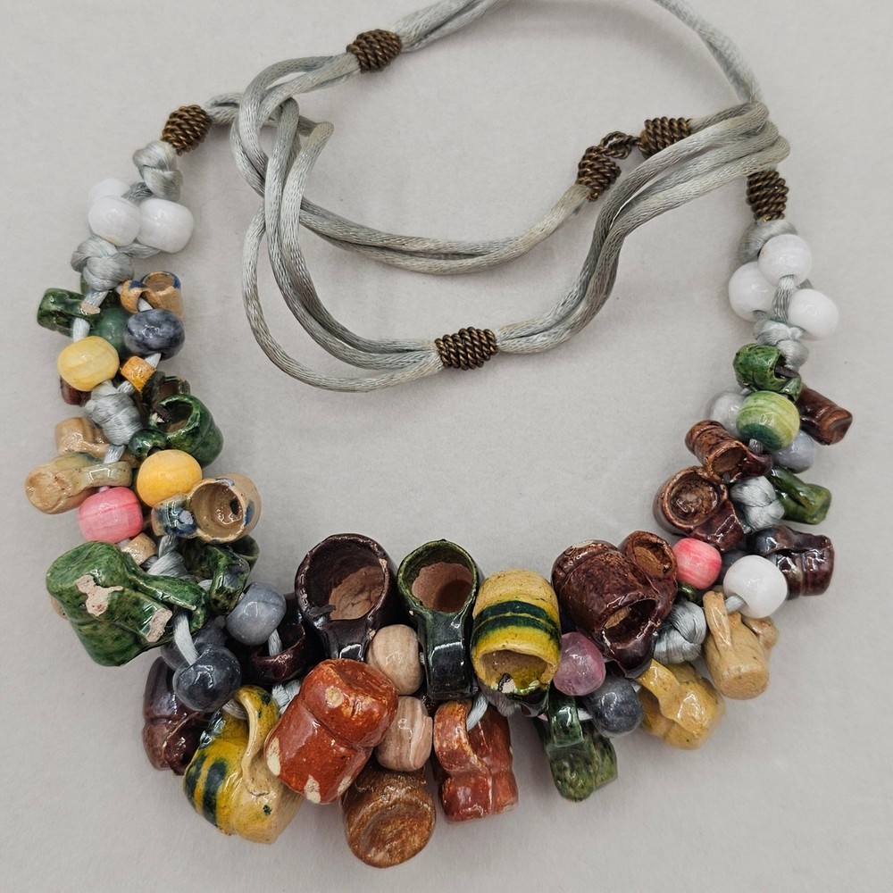 Vintage Folk Art Pottery Mug Bead Necklace Ceramic Tankard Bib Statement Boho