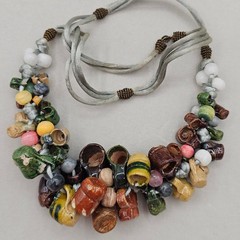 Vintage Folk Art Pottery Mug Bead Necklace Ceramic Tankard Bib Statement Boho