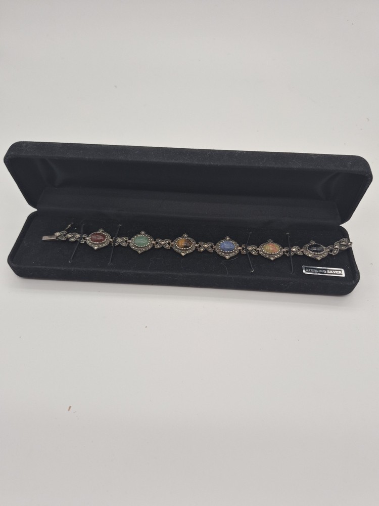 Vintage Sterling Silver Carved Multi Gemstone Marcasite 8″ Scarab Bracelet