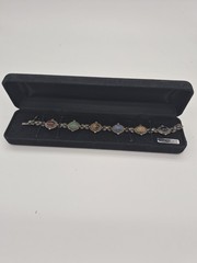 Vintage Sterling Silver Carved Multi Gemstone Marcasite 8″ Scarab Bracelet