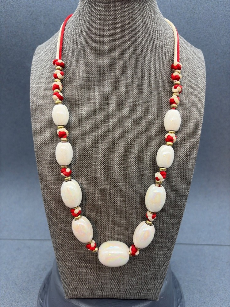 Vintage Knotted Rope Necklace 20 In Red White Iridescent Beads Gold Nautical