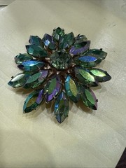 Vintage Judy Lee? Brooch Flower Blue Green Navette & Aurora Borealis Rhinestone