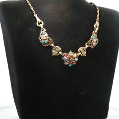 Vintage Barclay Signed Rhinestone Floral Bib Necklace Multicolor Statement