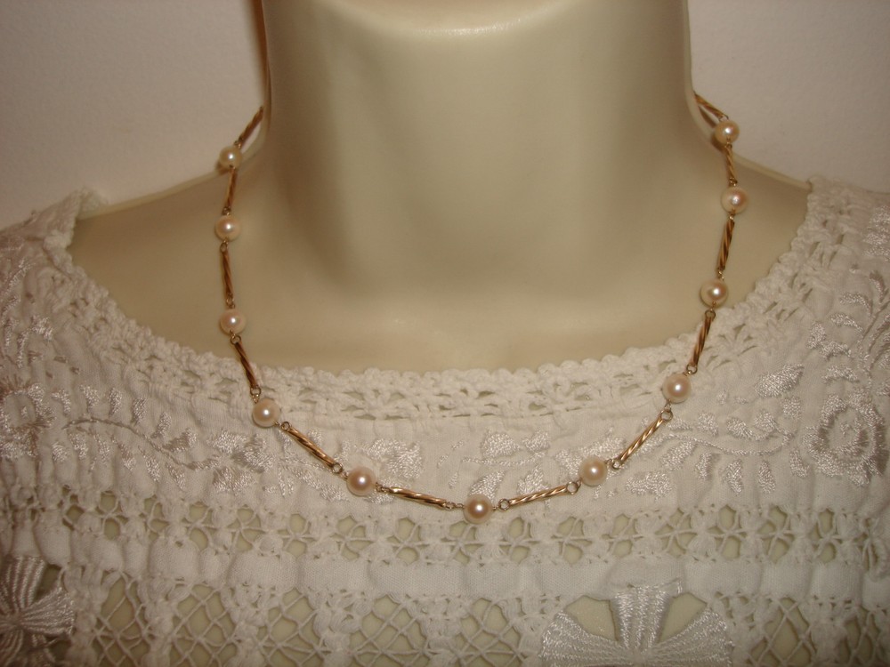 Vintage 6.2mm Round Beaded Pearl 16.5″ Necklace Choker 14kt Yellow Wire Gold