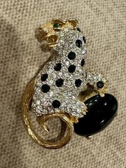VINTAGE Statement Panther Rhinestone Onyx Style Brooch Pin Cat Leopard 80s