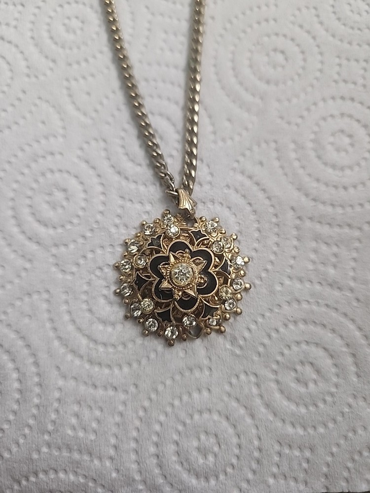Antique Karu Arke Gold Tone Necklace with Black Enamel and Rhinestone Accents