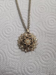 Antique Karu Arke Gold Tone Necklace with Black Enamel and Rhinestone Accents