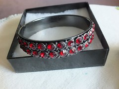 Bangle Bracelet Dark Silver Tone Sparkling Red Rhinestones 2 5/8″ Across x 5/8″