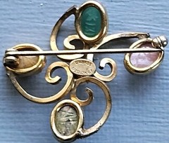D’Abros 12K Gold Filled Brooch Pearl & Carved Scarab Stones Egyptian Revival