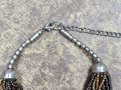 VTG 80’s Multi-Strand Bronze Gunmetal Silver Beaded Horn Ring Pendant Necklace