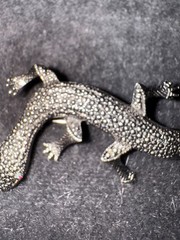 VINTAGE GECKO/LIZARD BROOCH/PIN SILVER 3.75 INCHES MARCASITE