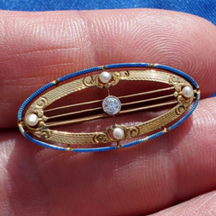 Original EARTH MINED DIAMOND Deco Brooch Antique Krementz Enamel SOLID 14K GOLD