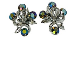 VTG AURORA BOREALIS EARRINGS FLORAL TWIST CLIP-ON SILVER TONE PRISTINE ESTATE