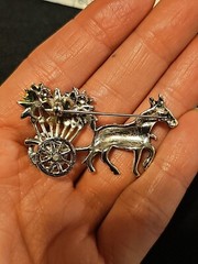Vintage 1950s Marcasite and Enamel Rhodium Plated Donkey & Flower Cart Brooch