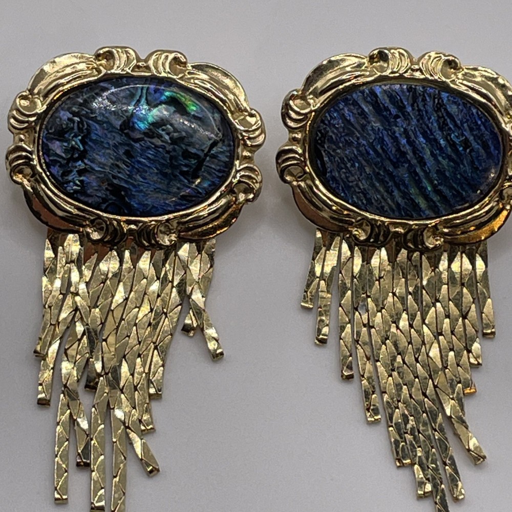 Earrings Vintage Blue Oval Dangle Acrylic Stone Metal Gold Tone Stud Jewelry