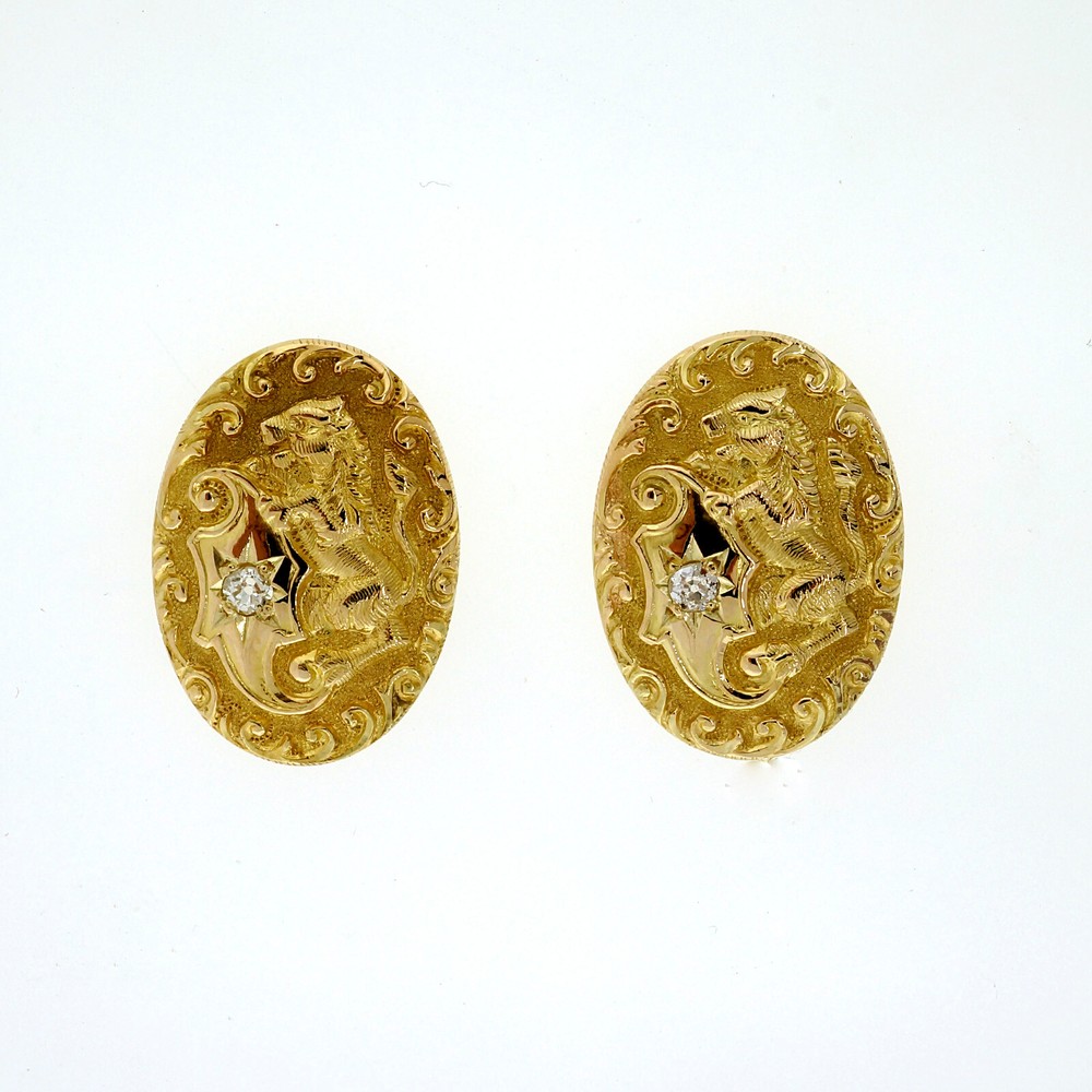 Antique Victorian 1900 .05ct Diamond Engraved Lion 14k Earrings