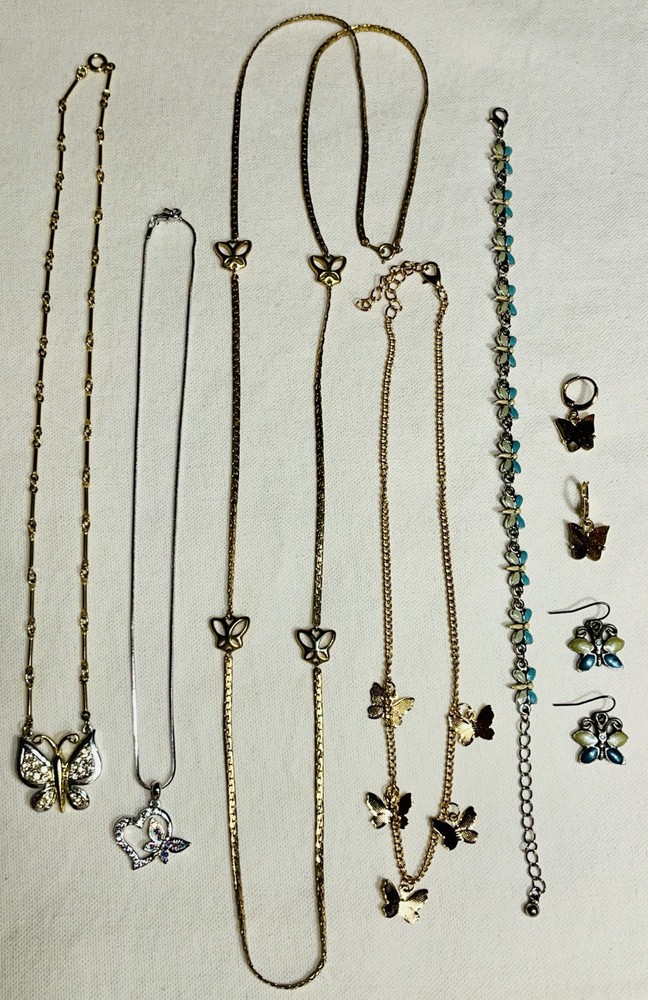 7-Pc Mixed Vintage Butterfly Lot Necklaces Earrings Anklet Butterflies Set