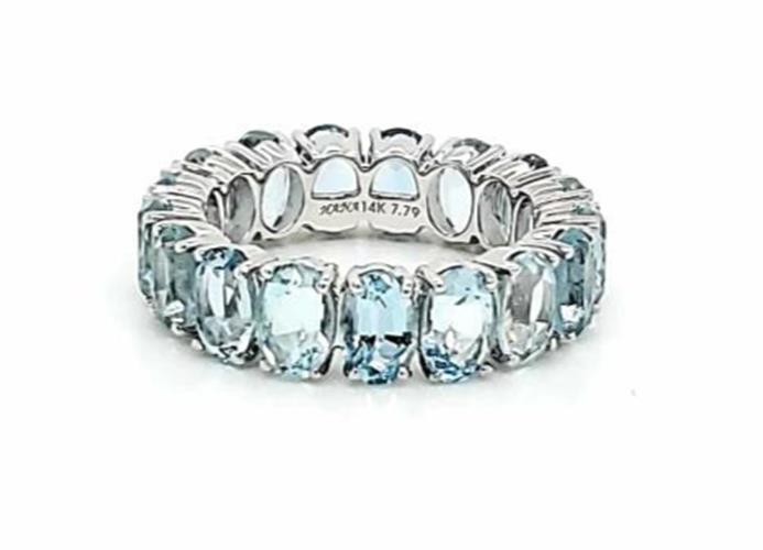 LARGE 7.97CT DIAMOND & AQUAMARINE 18KT WHITE GOLD OVAL ETERNITY ANNIVERSARY RING