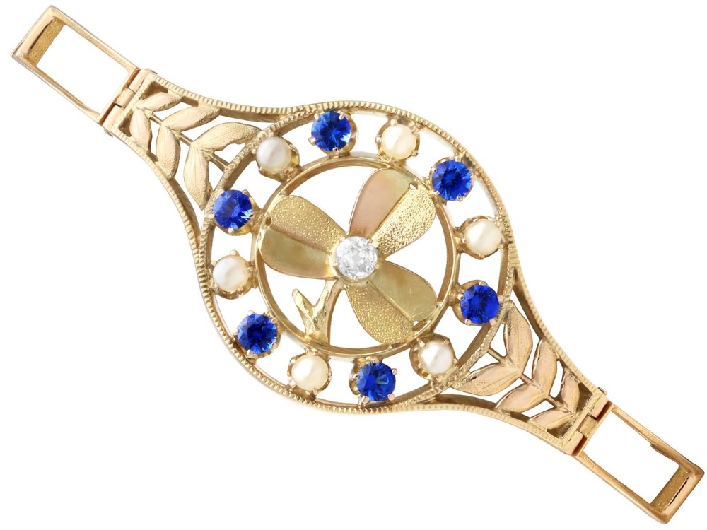 0.68Ct Sapphire, 0.15Ct Diamond, Seed Pearl and 18k Yellow Gold Bracelet