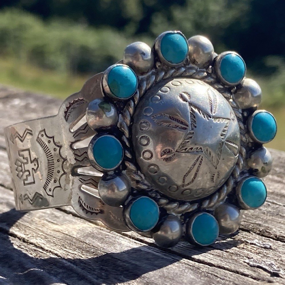 Vintage Bracelet Nickel Silver Faux Turquoise Cuff Stamped BELL TRADING POST