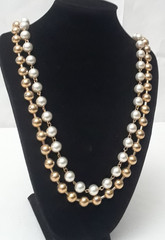 Vintage Necklace Faux Pearl 2 STRAND and Gold Bead Heavy Necklace 26 in