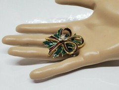 Rhinestone Enamel Green and Red Christmas Bow Brooch Pin Pendant 2″