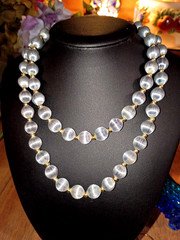 Mid-Century 2-Piece Set Grey Silk Wrapped Bead Necklace & Filigree Berry Brooch