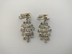 Vintage Earrings Silver Tone Clear Rhinestone Chandelier Dangle Drop Clip On 1.5