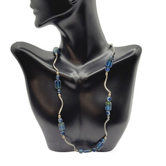 Vintage Blue Green Translucent Art Glass Necklace Wavy Silver Tone Alloy 18 in
