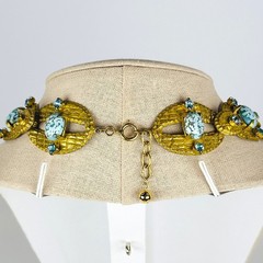 Vintage Czech Brass Blue Confetti Soapstone Cabochon Art Deco Revival Necklace