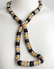 CADORO Buttermilk Bakelite Necklace Chunky Modernist Style Metal Wood Beads 40”