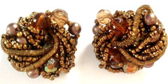 Big ROOT BEER Earrings Vintage Glass Crystal & Seed Bead Clips 1950s