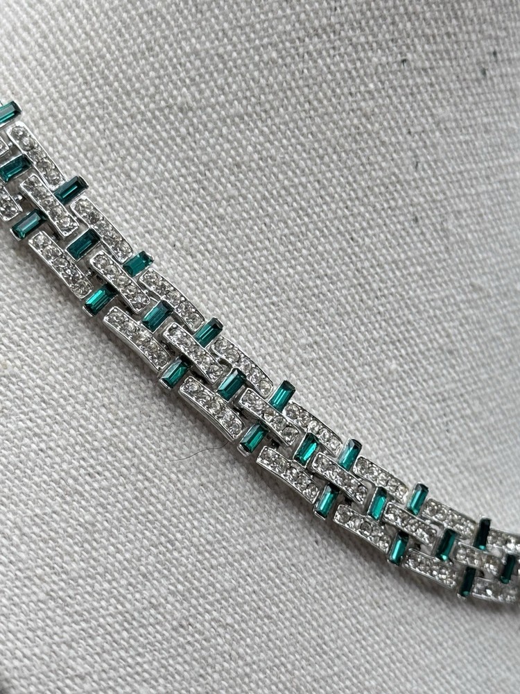 Vintage Necklace Green & Clear Rhinestone Art Deco Style 16.5” Choker