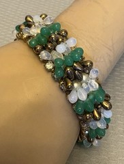 50s Vintage Signed Germany Wired Green Glass Bead Rhinestone Pearl Bracelet 7”