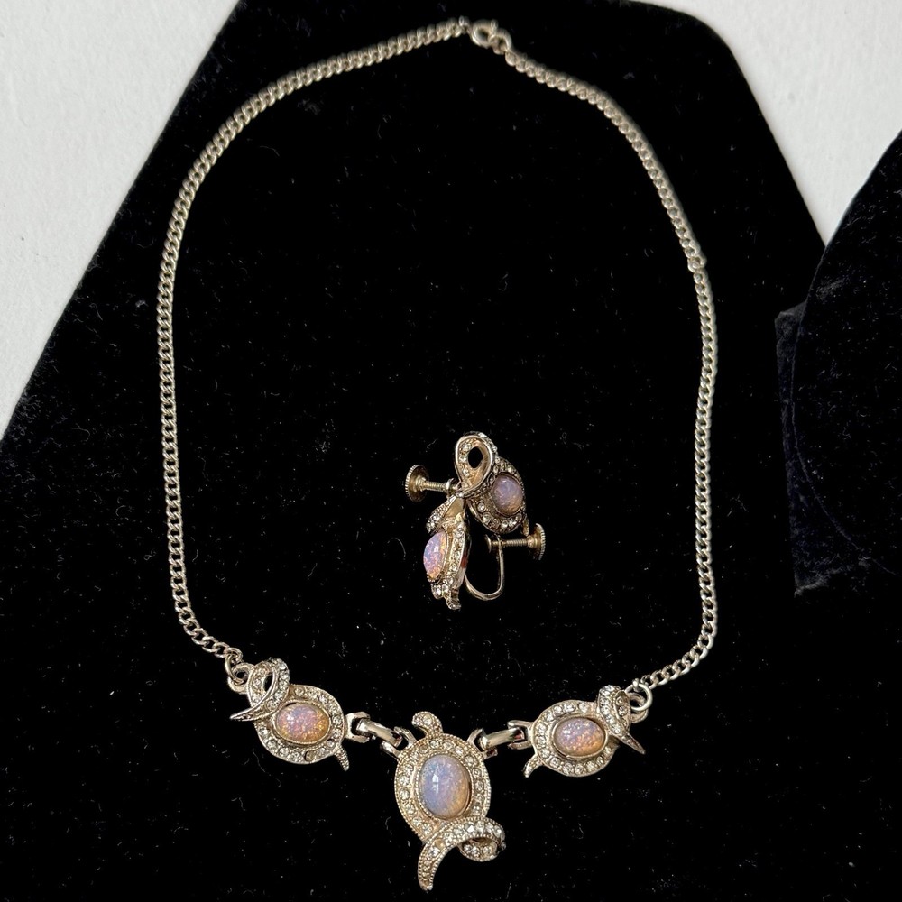 Anthony Vintage 16” Pendant Necklace, Earrings, Faux Opals, Rhinestones, 1950’s