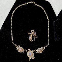 Anthony Vintage 16” Pendant Necklace, Earrings, Faux Opals, Rhinestones, 1950’s