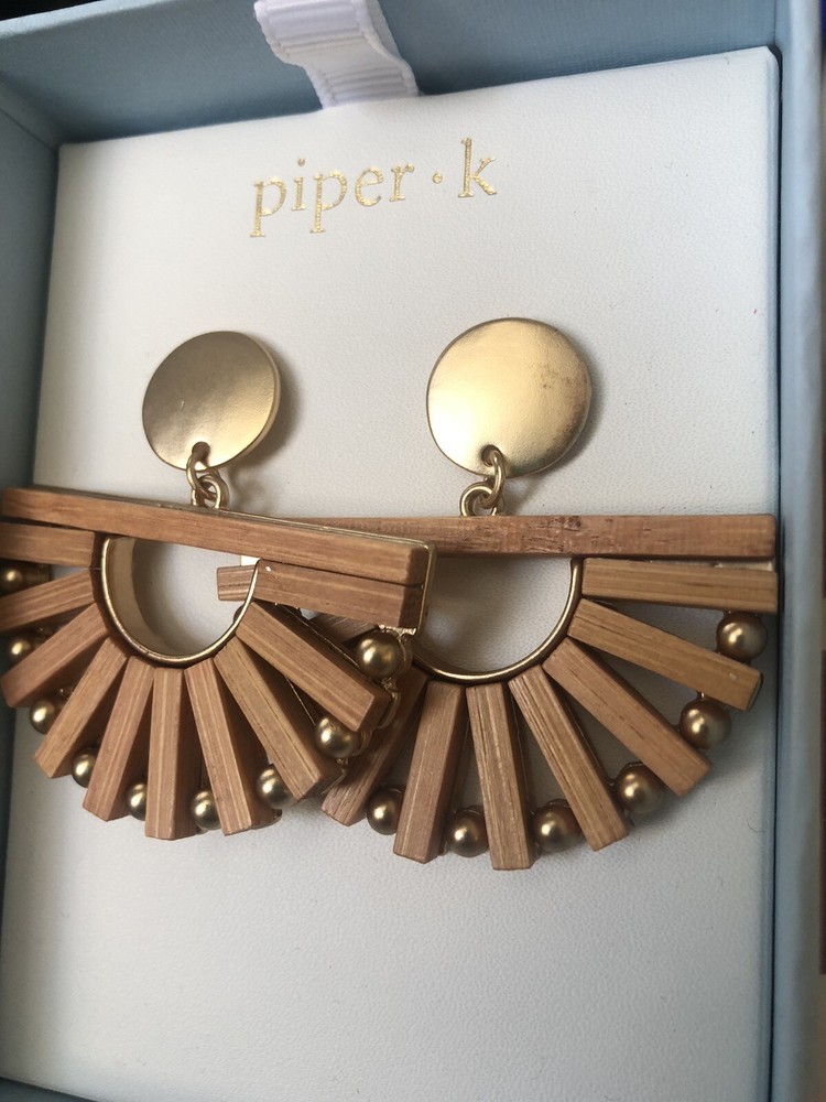 NEW Piper – K Wood wooden Fanned goldtone bead fan earrings Boho