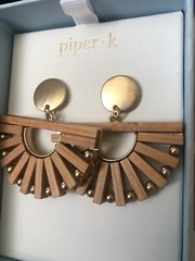 NEW Piper – K Wood wooden Fanned goldtone bead fan earrings Boho