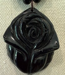 Black Onyx Necklace With Carved Rose Pendant And Graduated Faceted Beads 17.5”