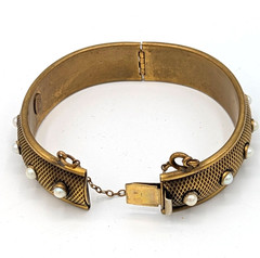 Vintage Hobe Pearl Bangle Hinged Bracelet Cuff Textured Gold Tone Safety chain