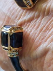 LAUREN G ADAMS DEEP BLUE ENAMEL CRYSTALS BAMBOO BANGLE 18KT GOLD PLATE SMALL
