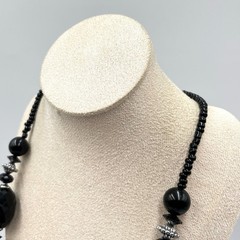 Vintage Black Faceted Acrylic Bead Statement Necklace Silver Tone Accents Bold