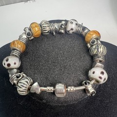 Art Glass Bead Bracelet Black White Polka Dot Animal Print Silver Tone